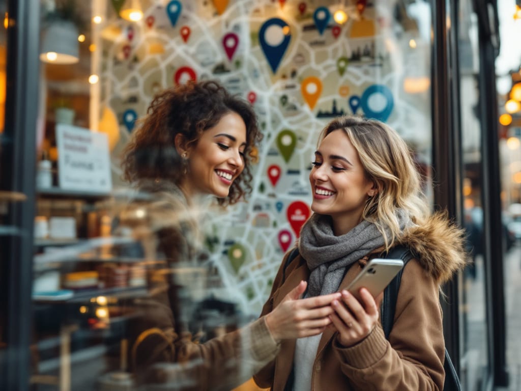 Femme souriante consultant des annonces locales sur son téléphone devant une carte de quartier colorée